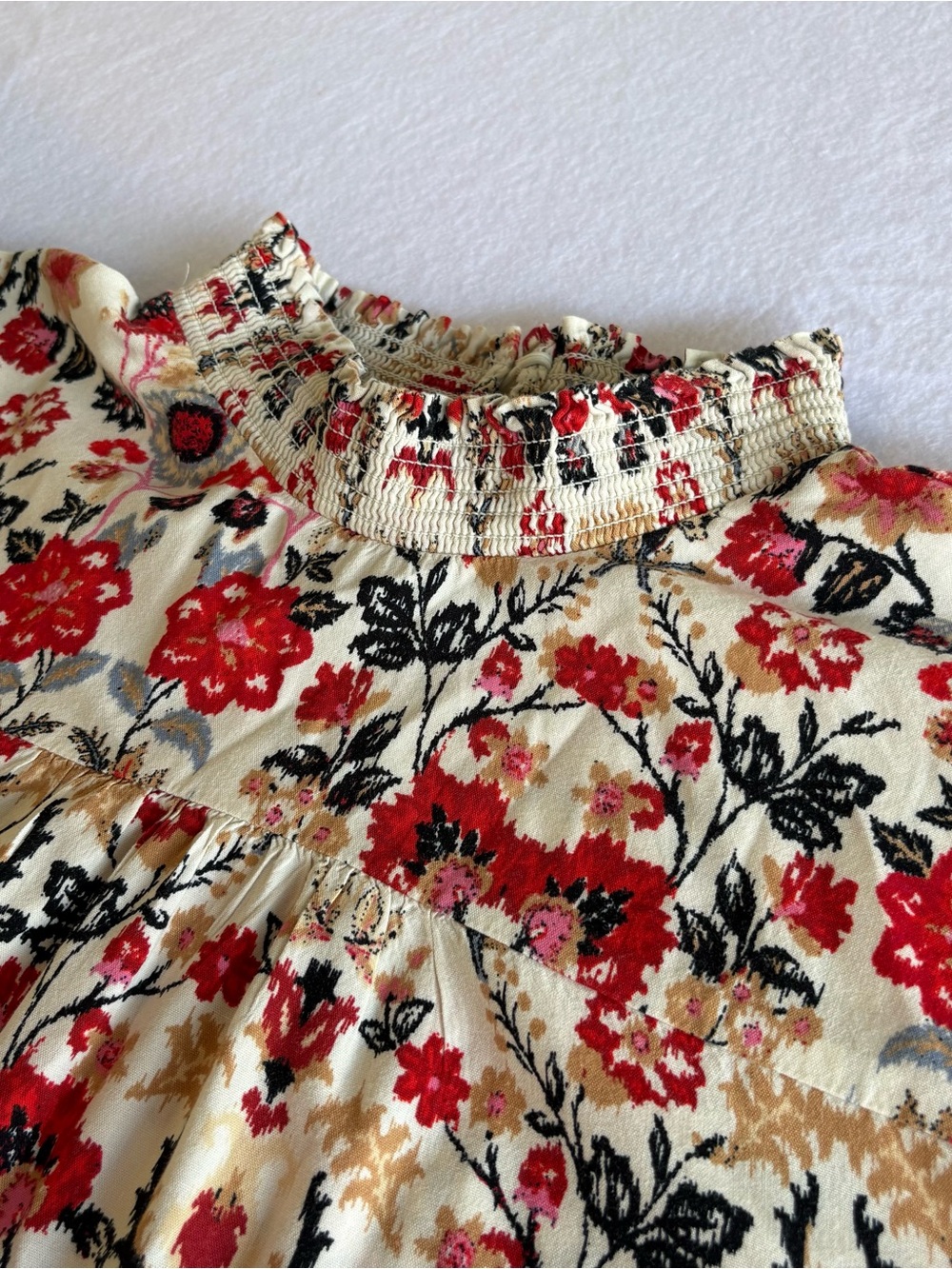 LOFT Cream Floral Smocked-Neck Blouse with Red & Black Accents Size XL